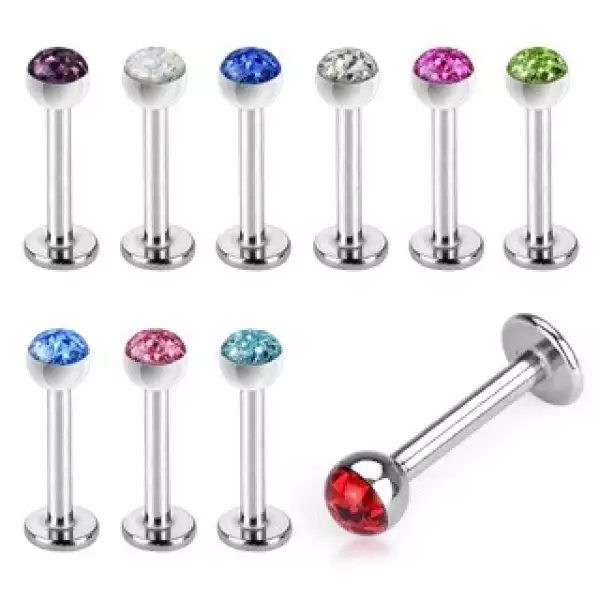 316L acél áll és ajak piercing - különböző színű cirkónia foglalatban, átlátszó fénymáz - Méret: 1,2 mm x 8 mm, A piercing színe: Aqua