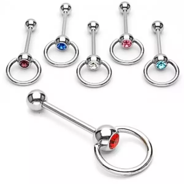 316L acél nyelv piercing – fényes rúd egy gyűrűvel, egy foglalatba helyezett cirkóniában végződik - A cirkónia színe: Piros - R