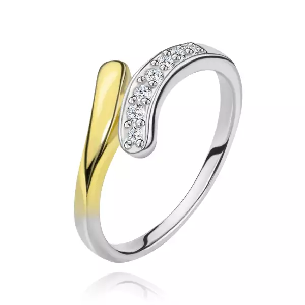 925 ezüst gyűrű - hajlított sáv cirkóniákkal és arany színezéssel - Nagyság_ 62
