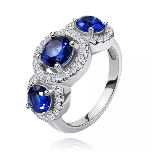 Gyűrű 925 ezüstből, cirkóniás körök, három kék kő - Nagyság_ 59
