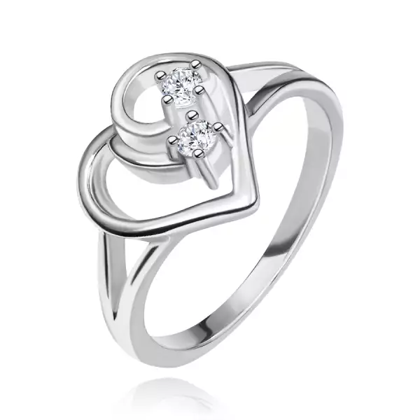 Gyűrű 925 ezüstből, kettős szárak, szív körvonal, átlátszó kövek - Nagyság_ 49