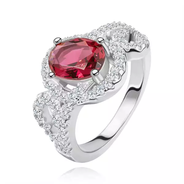 Gyűrű ovális, piros cirkóniával, félszív körvonalak, 925 ezüst - Nagyság_ 50