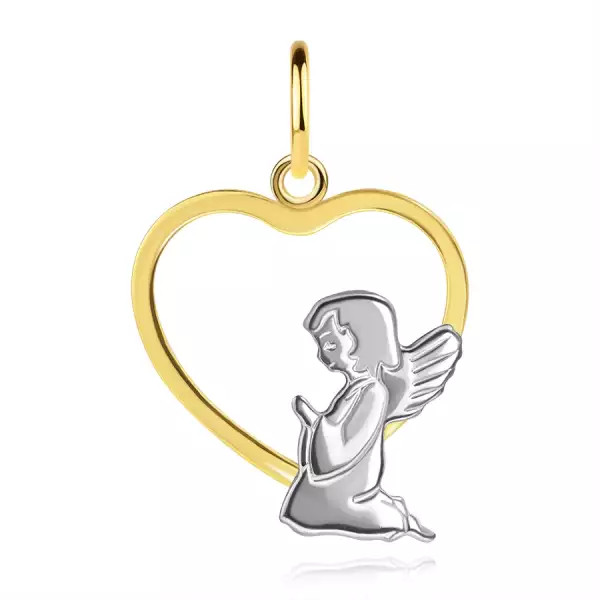 Kétszínű 375 arany medál - térdeplő angyal a szív körvonal alsó részében 