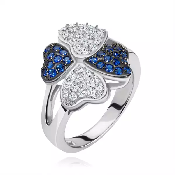 Gyűrű 925 ezüstből, négy szív - apró átlátszó és kék kövek - Nagyság_ 55