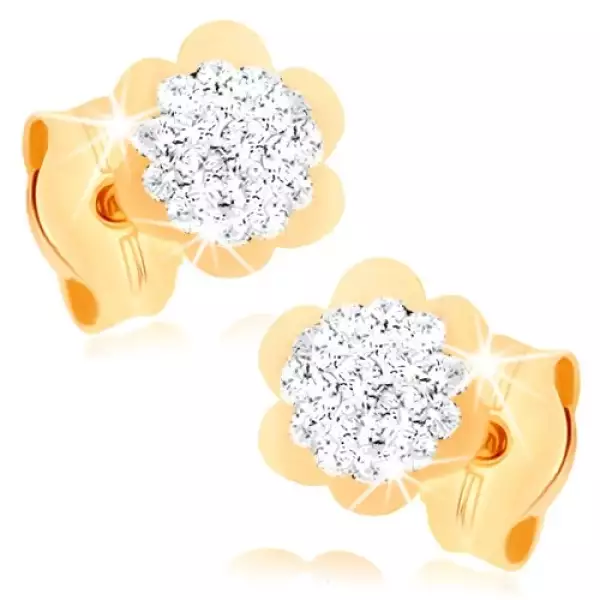 Fülbevaló 9K sárga aranyból - csillogó virág fényes kerettel, Swarovski kristályok