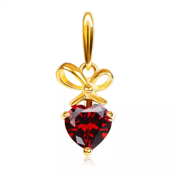 Medál 14K sárga aranyból - piros gránát szív megkötött masnival