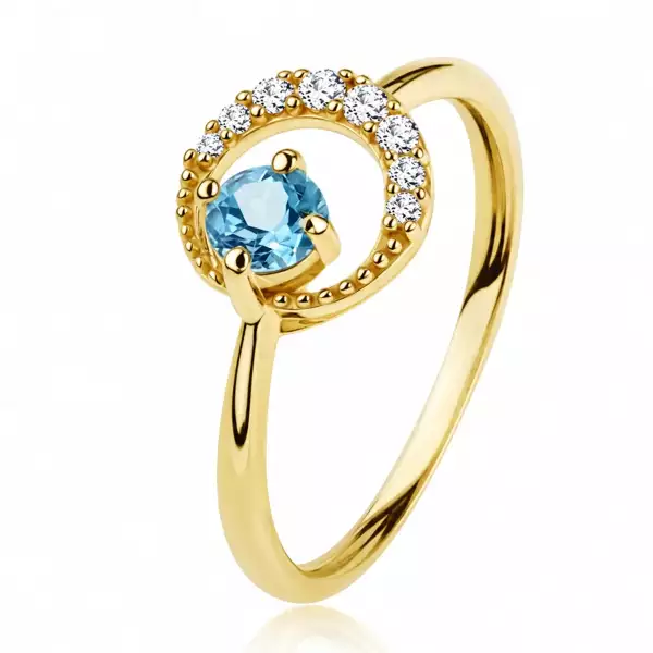 375 arany gyűrű - holdsarló átlátszó cirkóniákkal díszítve, kék topáz - Nagyság_ 55