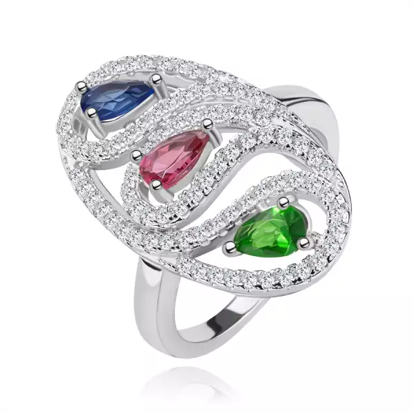 925 ezüst gyűrű, ovális kontúr cirkóniából, színes, csiszolt könnycseppekkel - Nagyság_ 49