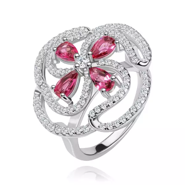 Gyűrű, 925 ezüst, domború virág rózsaszn cirkóniás könnycseppből és átlátszó vonalakból - Nagyság_ 58