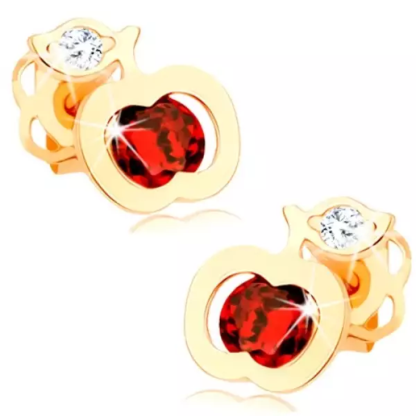 14 karátos arany fülbevaló alma alakú piros és átlátszó cirkóniával