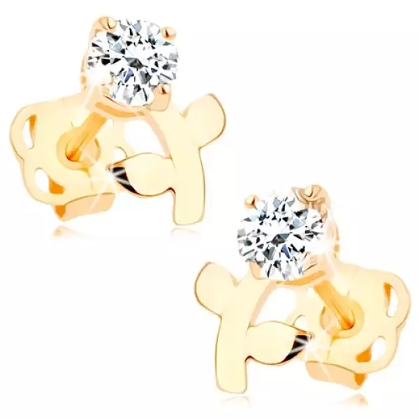 14 karátos arany fülbevaló cirkónia virággal és levelekkel