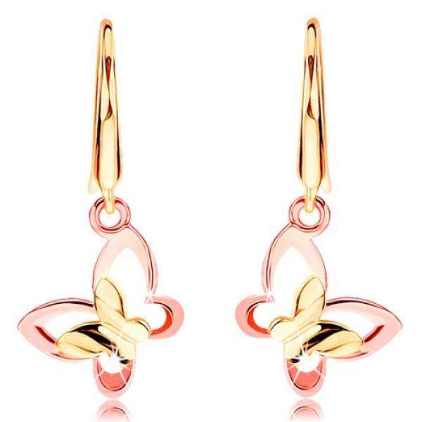 14K arany fülbevaló - fényes pillangó, lepkekörvonal rózsaszín aranyból