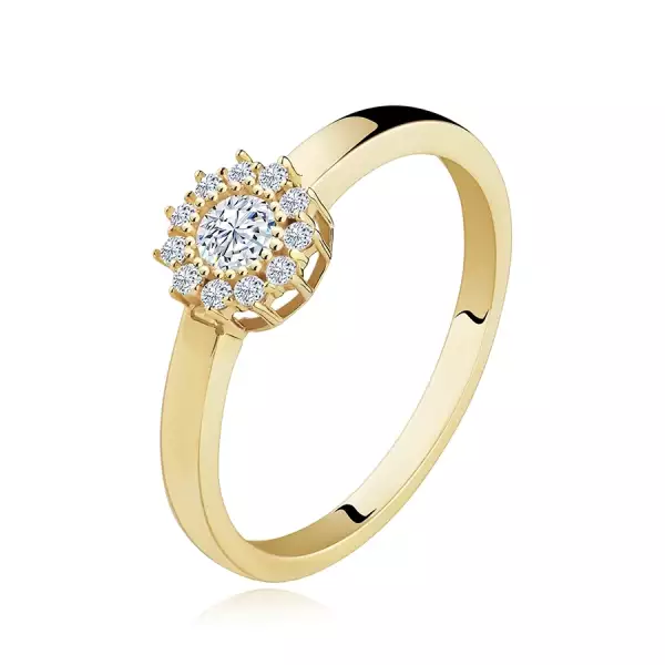 Gyűrű 14K sárga aranyból - csillogó virág kerek átlátszó cirkóniákkal - Nagyság_ 60