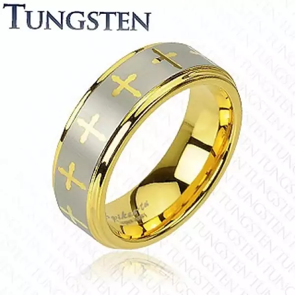 Arany színű tungsten gyűrű, keresztek és ezüst színű sáv, 8 mm - Nagyság_ 66