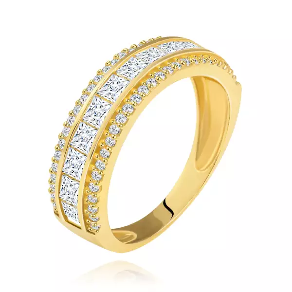 14K sárga arany gyűrű - átlátszó cirkóniás négyzetek, csillogó szélek - Nagyság_ 54