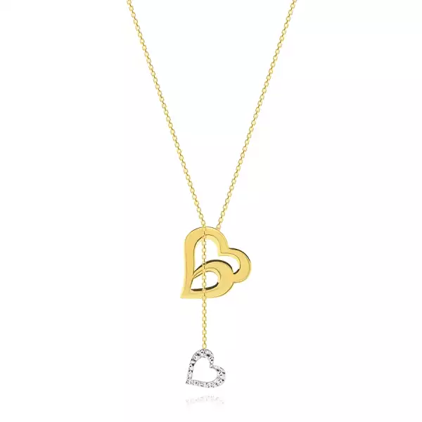 585 arany nyakék - vékony nyaklánc, kettős szív körvonal és függő szívecske 