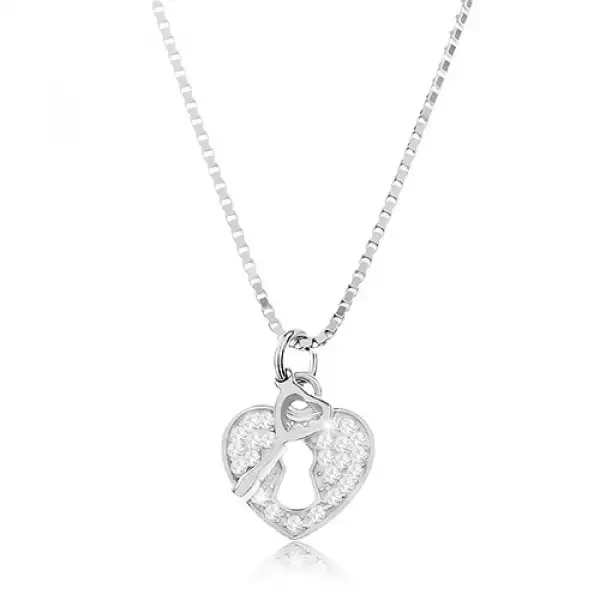 925 ezüst nyakék - nyaklánc medállal, szív alakú lakat és kulcs