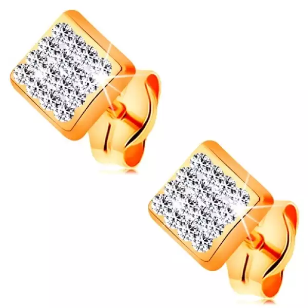 14K sárga arany fülbevaló - négyzet átlátszó Swarovski krisállyal kirakva