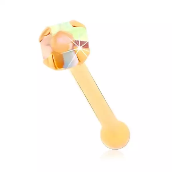 14K sárga arany, egyenes szárú piercing - szivárvány cirkóniával, 1,5 mm