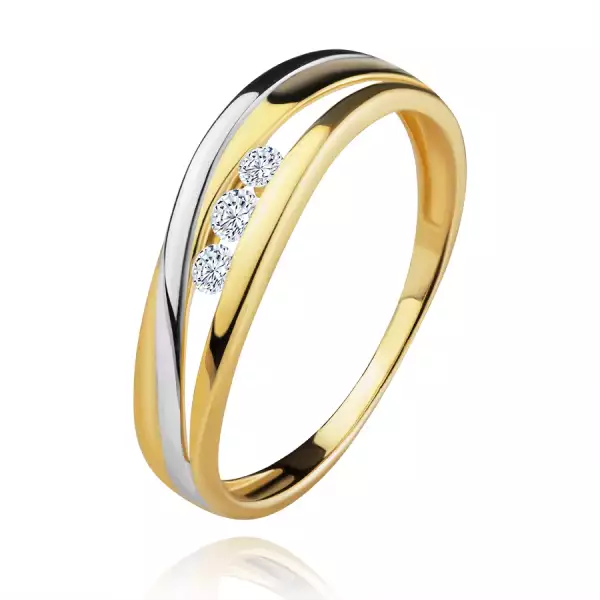 Brilliáns gyűrű 14K aranyból, hullámos kétszínű szárak, három átlátszó gyémánt - Nagyság_ 53