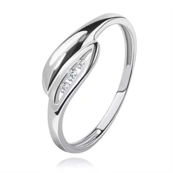 Briliáns gyűrű fehér 14K aranyból - enyhén hajlított levelek, három átlátszó gyémánt - Nagyság_ 52