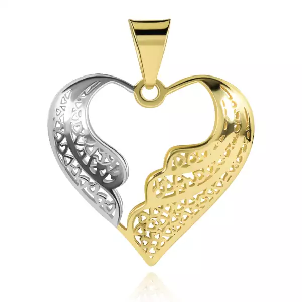 585 arany medál - filigrán szív kétszínű angyalszárnyakkal