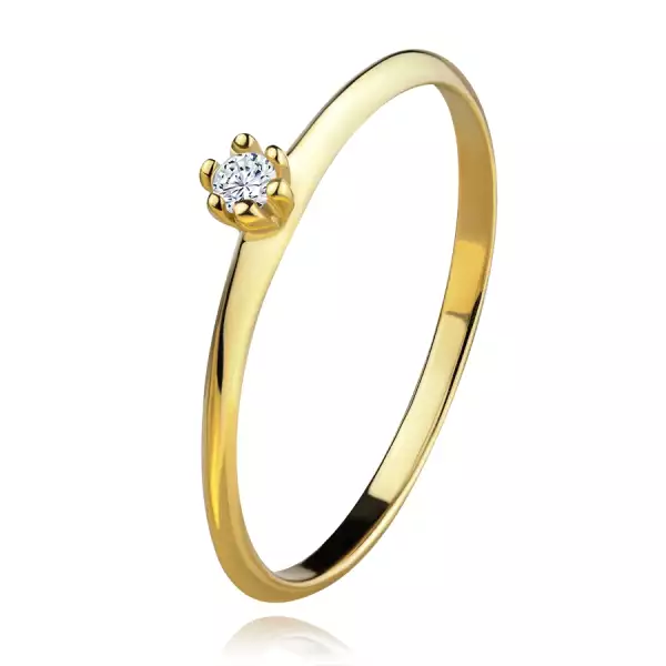 Gyűrű sárga 14K aranyból - kerek átlátszó cirkónia, vékony lemetszett szárak - Nagyság_ 56