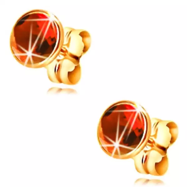 14K arany fülbevaló - kerek vörös cirkónia foglalatban, 5 mm