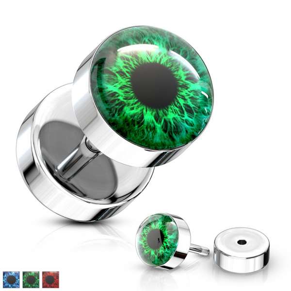 316L hamis acél plug - színes szem fekete pupillával, átlátszó fénymáz - A piercing színe: Zöld