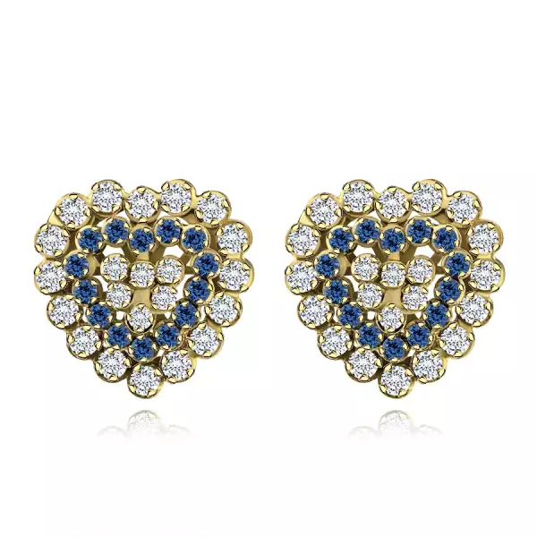 375 sárga arany fülbevaló - csillogó cirkóniás szív, átlátszó és zafírkék cirkóniák