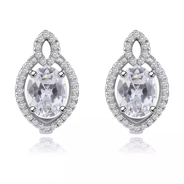 925 ezüst fülbevaló - ovális cirkónia átlátszó színben, búzaszem körvonalak