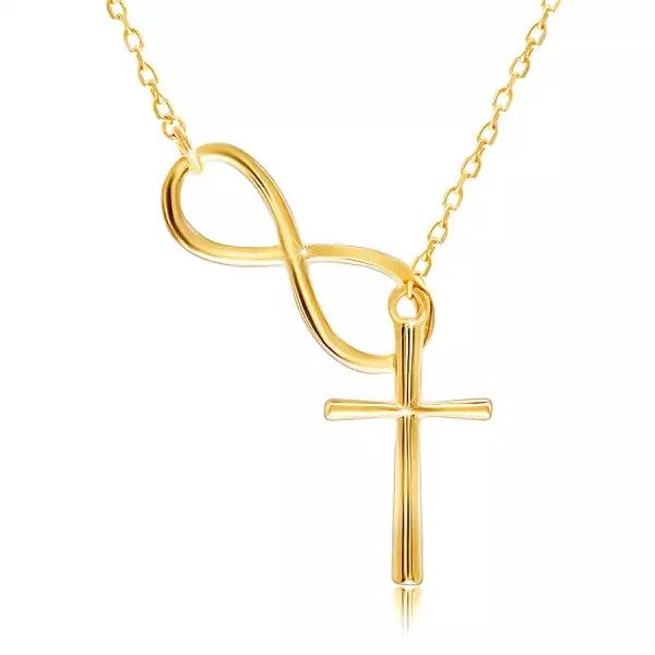 14K arany nyaklánc – végtelenség szimbólum körvonala és egy kereszt