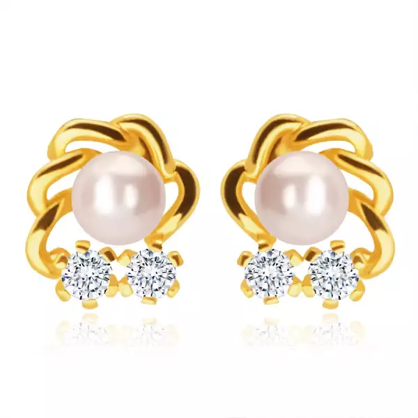 585 sárga arany fülbevaló – fehér gyöngy, két átlátszó cirkónia, hullámos felhő körvonal