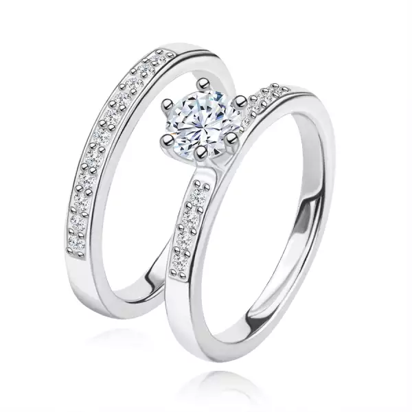 Két részes szett 925 ezüstből karikagyűrű és gyűrű – csillogó cirkóniákból álló vonal, nagyobb kerek cirkónia - Nagyság_ 60