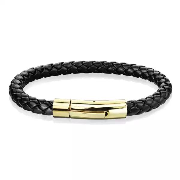 Fekete bőr karkötő fonott mintával – acél zárszerkezet arany színárnyalatban - Hossz: 200 mm