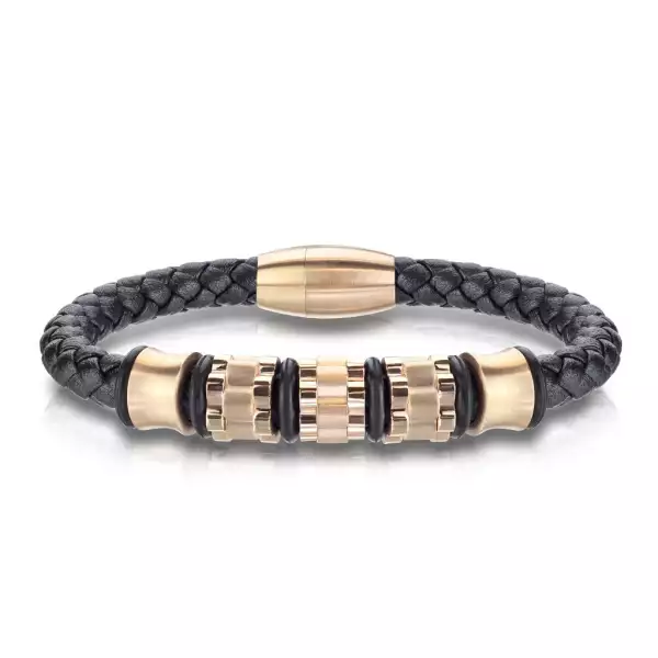 Fekete bőr karkötő fonott mintával – fogaskerekek és hengerek réz színben - Hossz: 200 mm