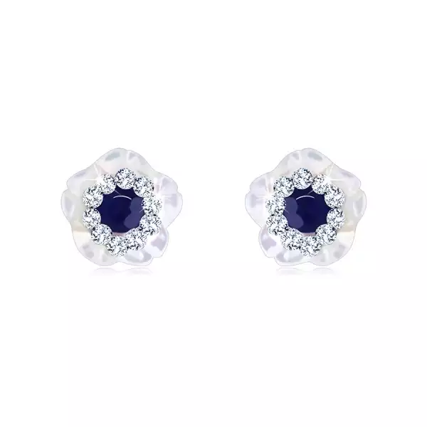 Fülbevaló 14K aranyból – virág természetes gyöngyházból, zafír, Swarovski kristályok