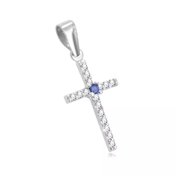 14K fehérarany medál - kereszt, átlátszó cirkóniákkal, kerek természetes zafírral