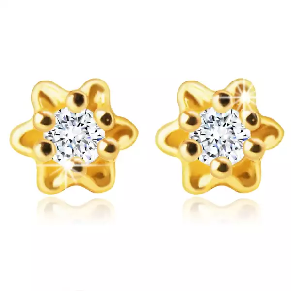  9K arany fülbevaló - apró virág, közepén világos, briliáns, szegecsekkel