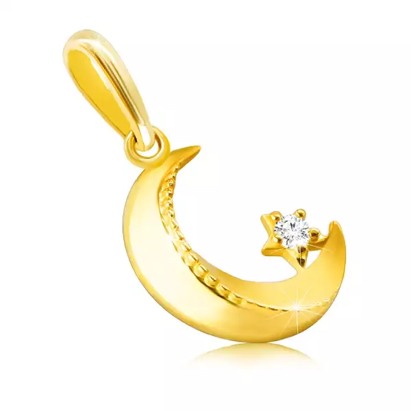 14K sárga arany gyémánt medál - félhold csillaggal, csillogó briliáns