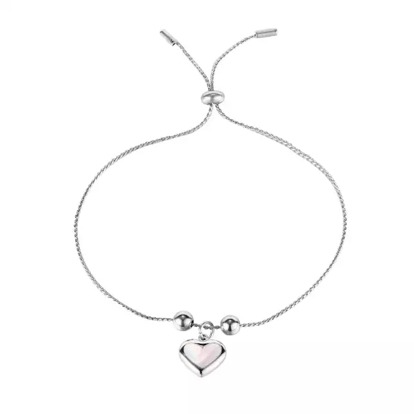 Acél karkötő, ezüst színű - vékony lánc, sima golyók, medál szív