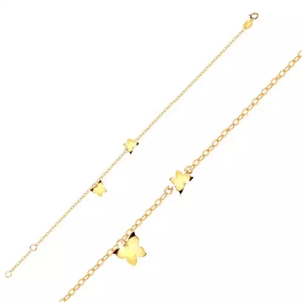 Arany 9K karkötő - pillangók sárga aranyból, fényes lánc ovális láncszemekből