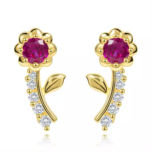 14 karátos arany fülbevaló virág szintetikus rubinnal és cirkóniákkal