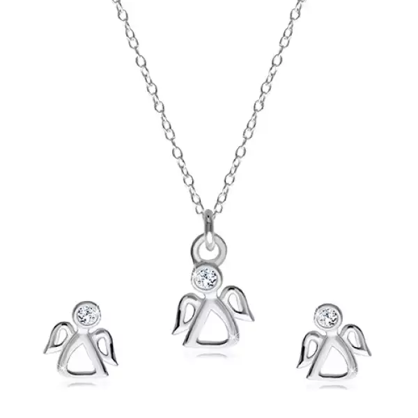 Két részes szett 925 ezüstből - fülbevaló és nyaklánc, metszett angyal átlátszó cirkóniákkal