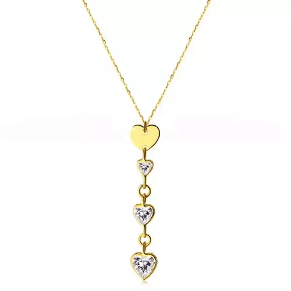 14K sárga arany nyaklánc - három cirkónia szív átlátszó színárnyalatban