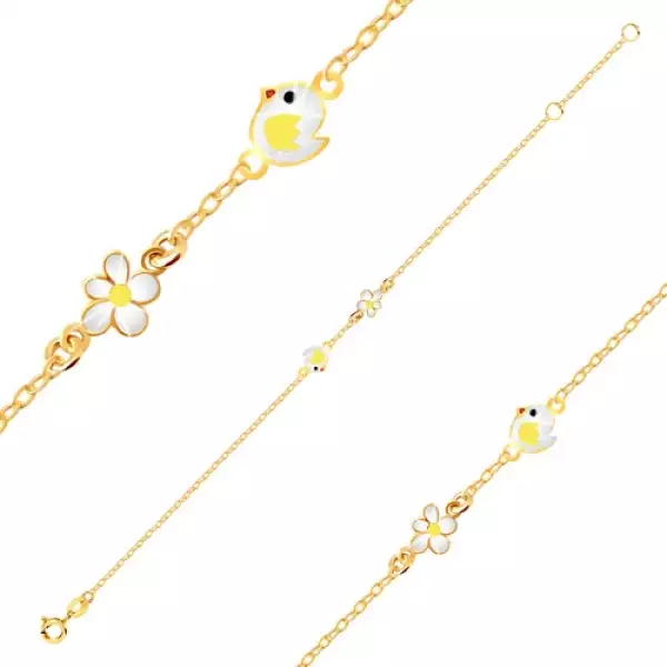 Karkötő 9K sárga aranyból - mázas csibe, virág fehér mázzal