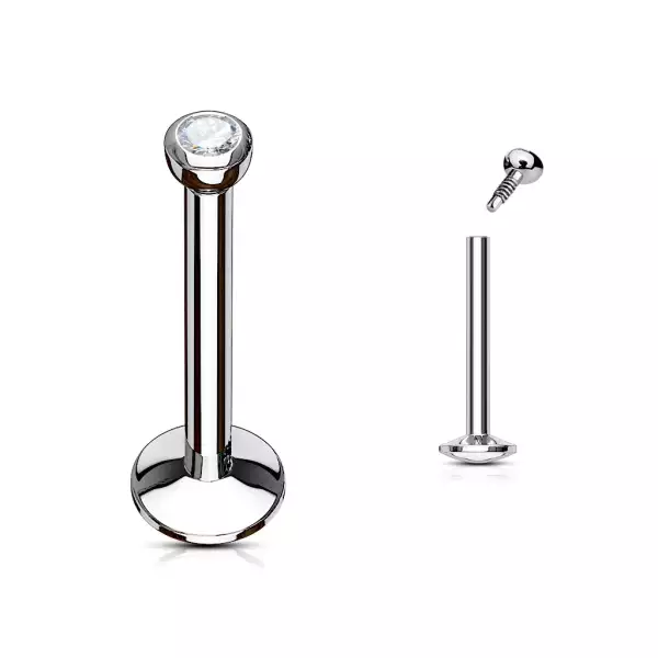 316L acél labret ajakra és állra - fényes kerek cirkónia, különböző hosszúságban - A piercing hossza: 11 mm