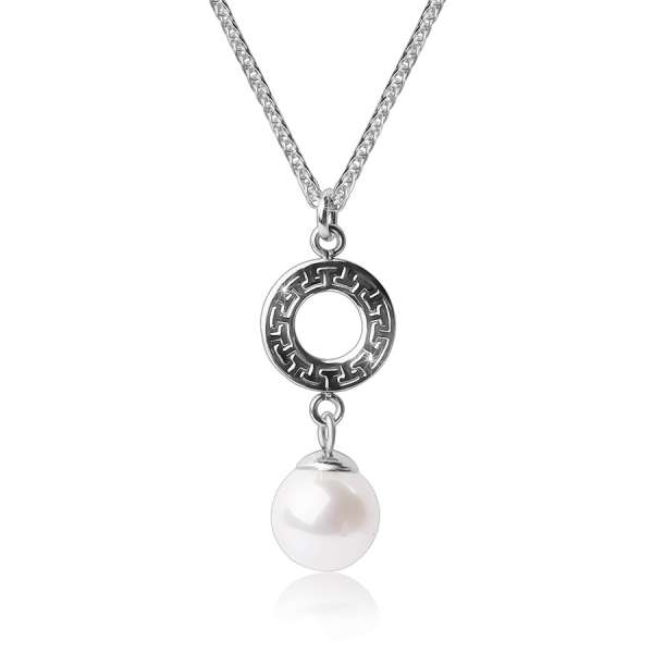 Acél nyaklánc - gyűrű görög mintával, gyöngyházfényű gyöngyökkel