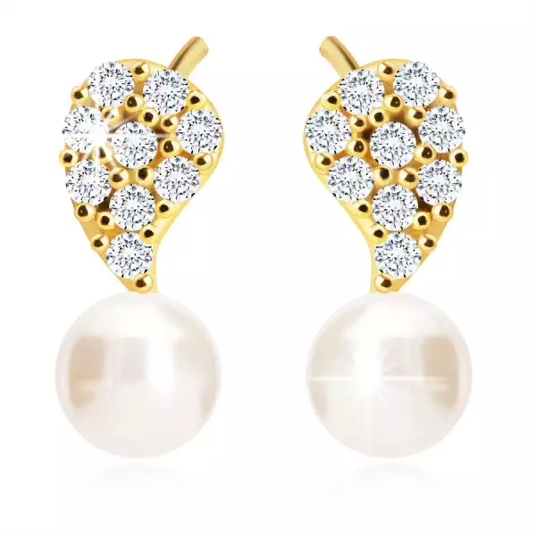  375 Arany fülbevaló - egy levél, tiszta cirkóniával és fehér gyönggyel