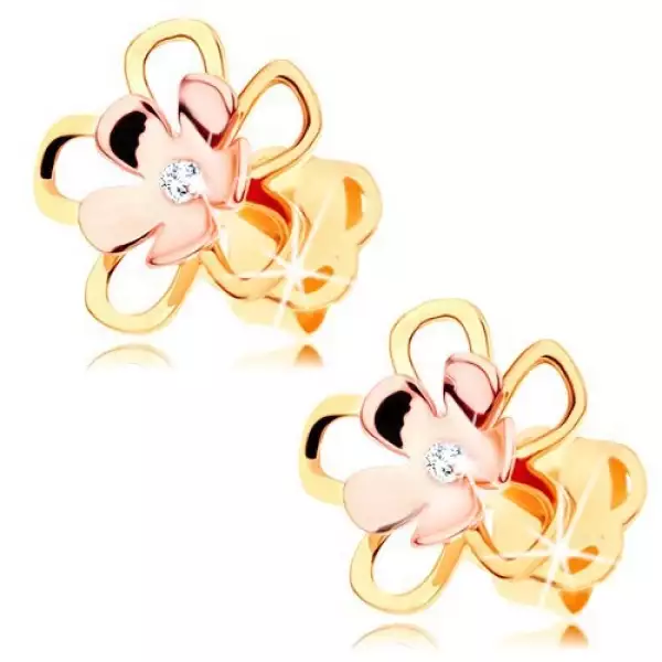 Fülbevaló 14K aranyból - fényes kétszínű virág átlátszó gyémánttal középen